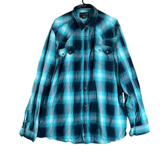 Cody James Mens Shirt Teal Black Western Plaid Tall Fit Pearl Snap Western 3XLT - Picture 1 of 12